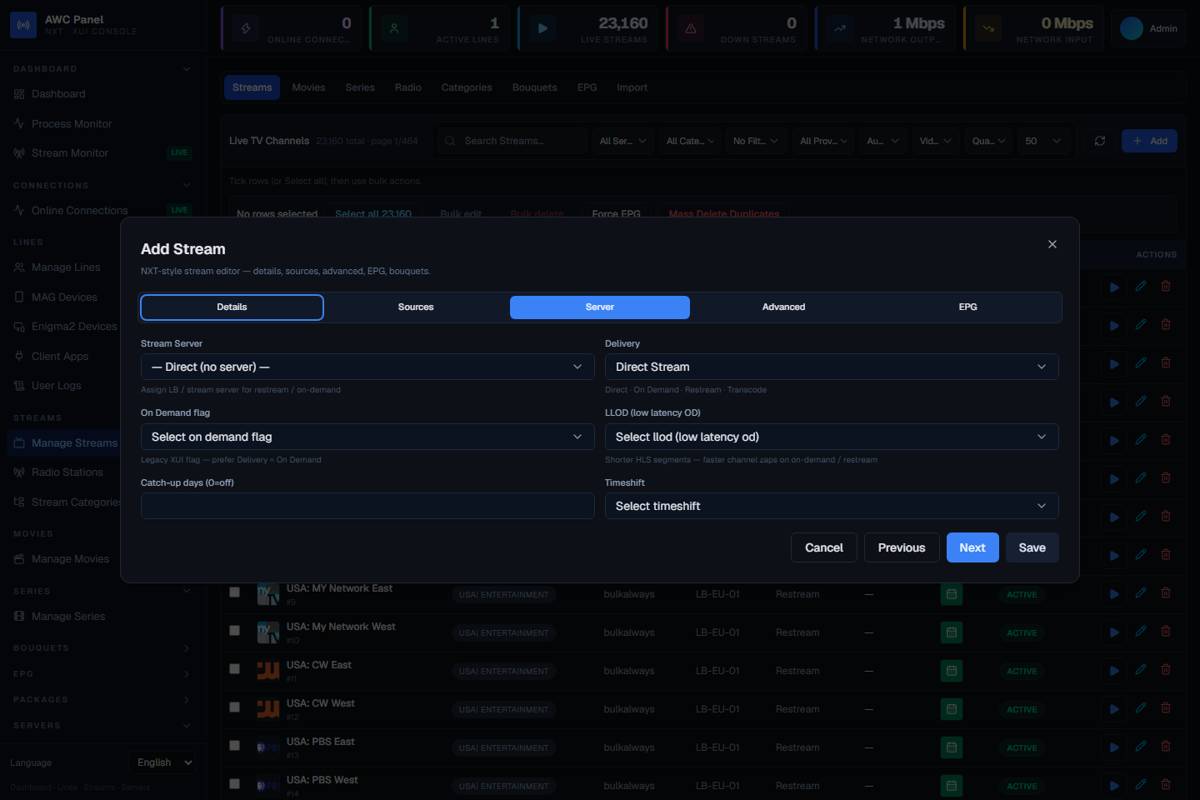 Servers — restream, transcode, and edge capacity